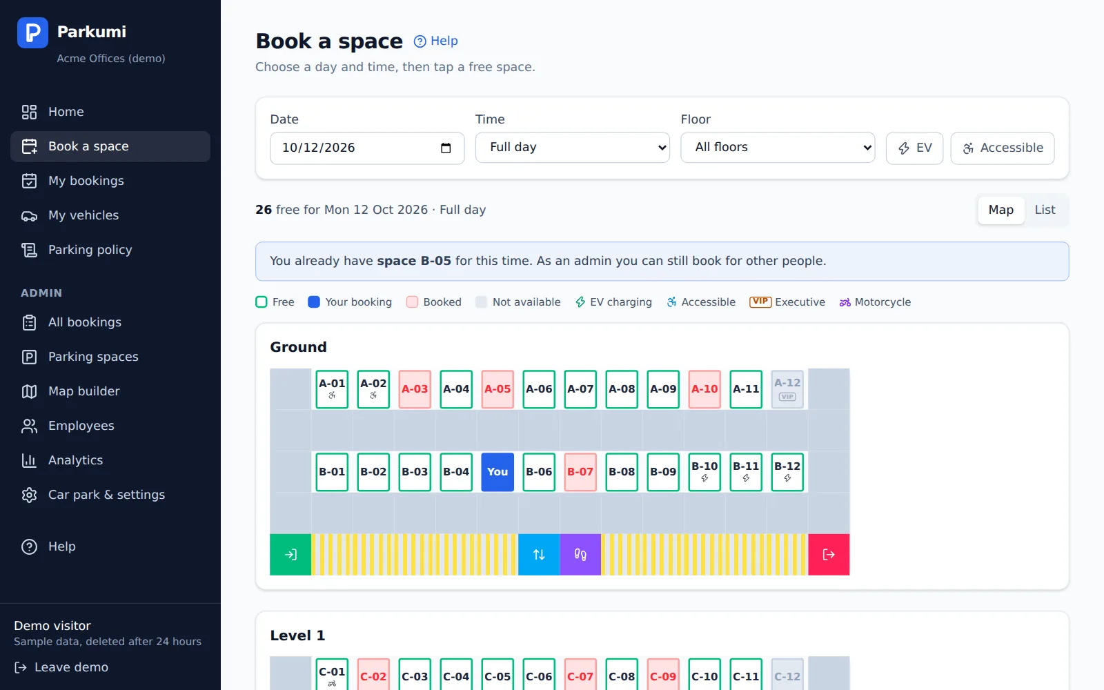 Parkumi booking screen showing a car park map with free and booked spaces